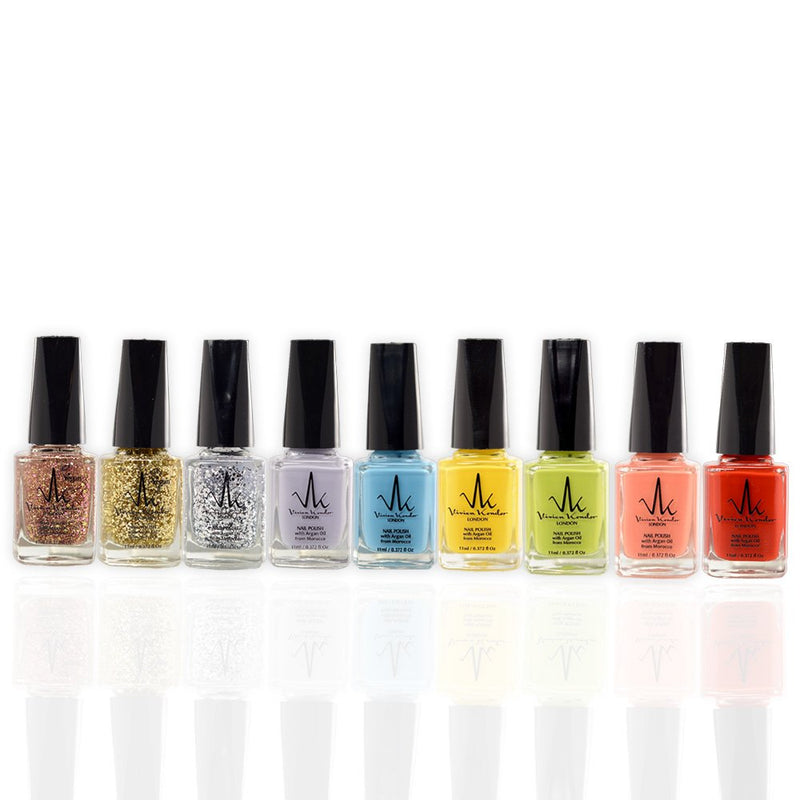 (Box Of 9) Vegan Nail Polish Long Lasting Chip Resistant Shiny Nail polish infused with Argan Oil image 0